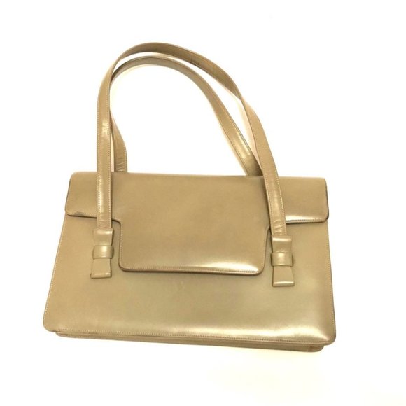J.MILLER FOR PRESTIGE-VINTAGE KHAKI/BEIGE LEATHER HANDBAG-BOW ACCENT - Picture 1 of 6